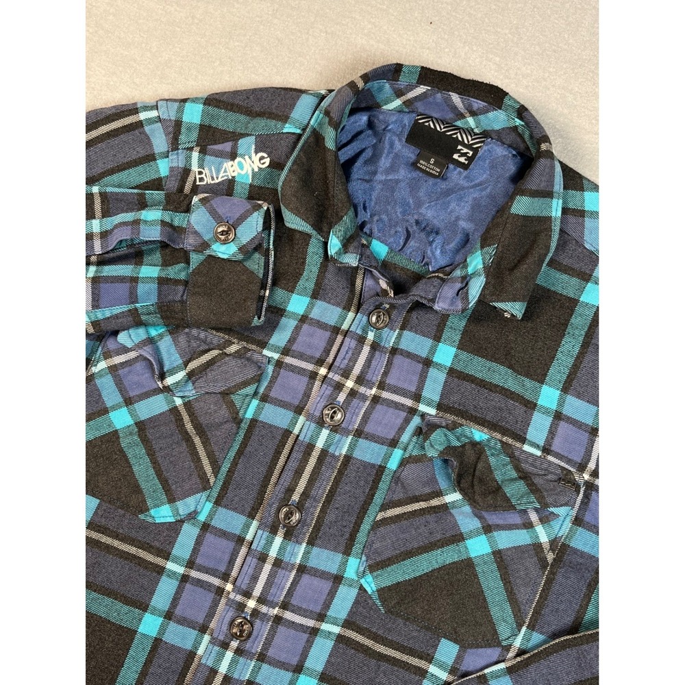 VTG Billabong Plaid Flannel Shirt Long Sleeve Button Up Blue Black Teal Size S